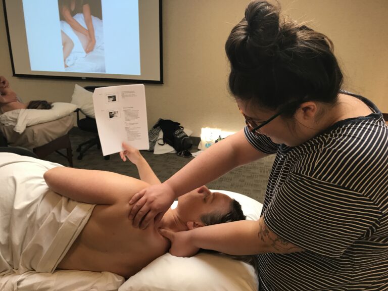 A woman is getting her breast checked by an esthetician.