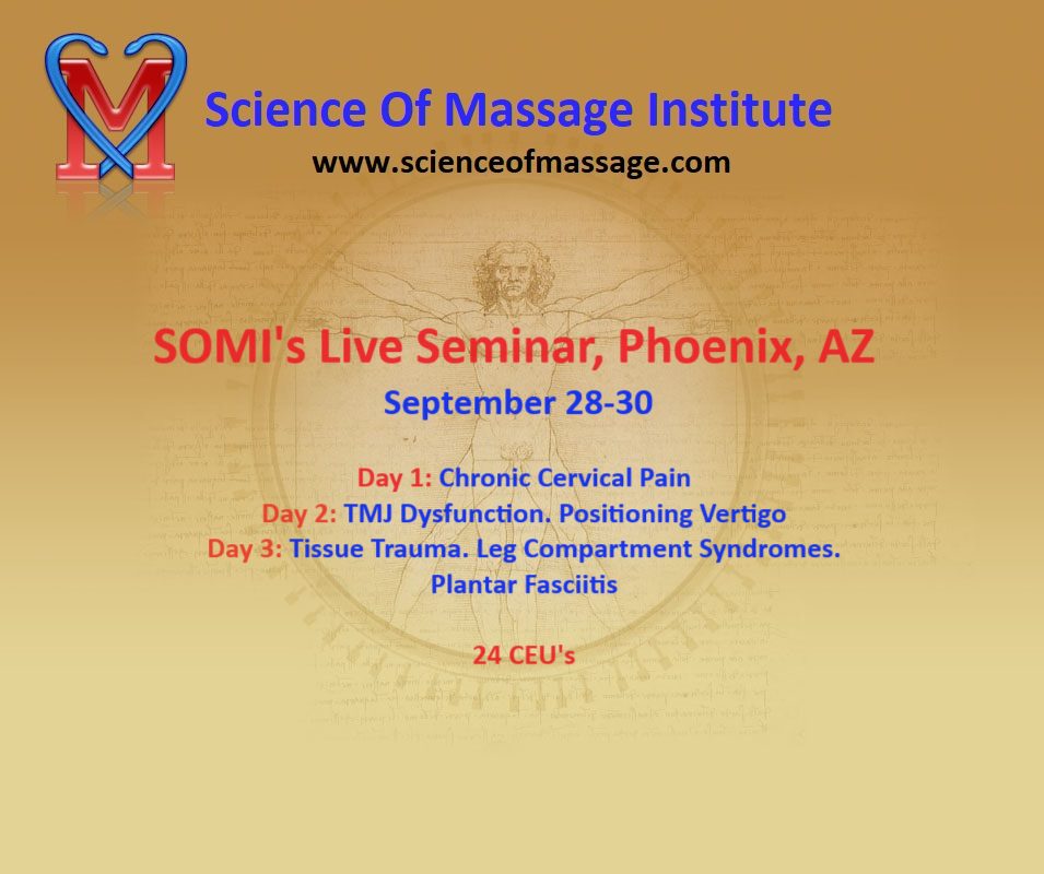A poster for SOMI's live seminar on Day 1, focused on Chronic Cervical Pain, in Phoenix, Arizona.