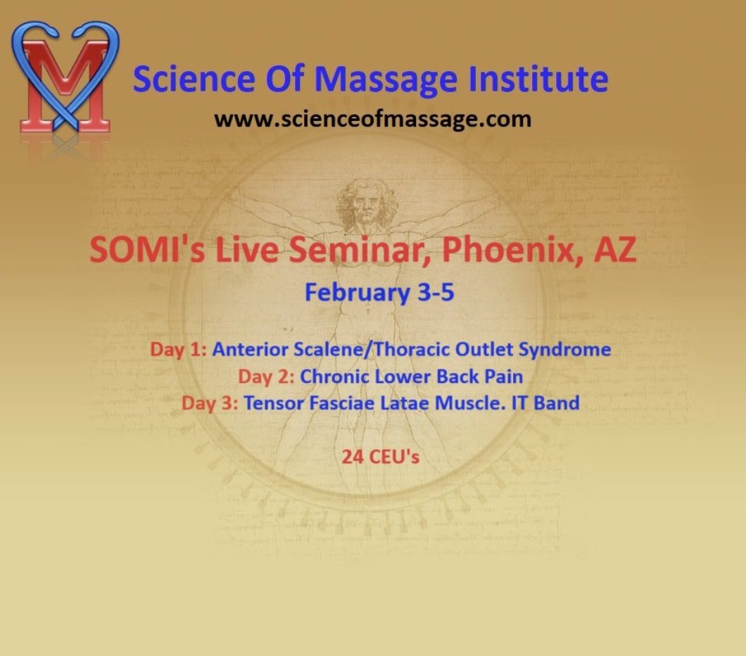 A poster for SOMI's live seminar in Phoenix, Arizona, focusing on Anterior Scalene Syndrome and TOS.